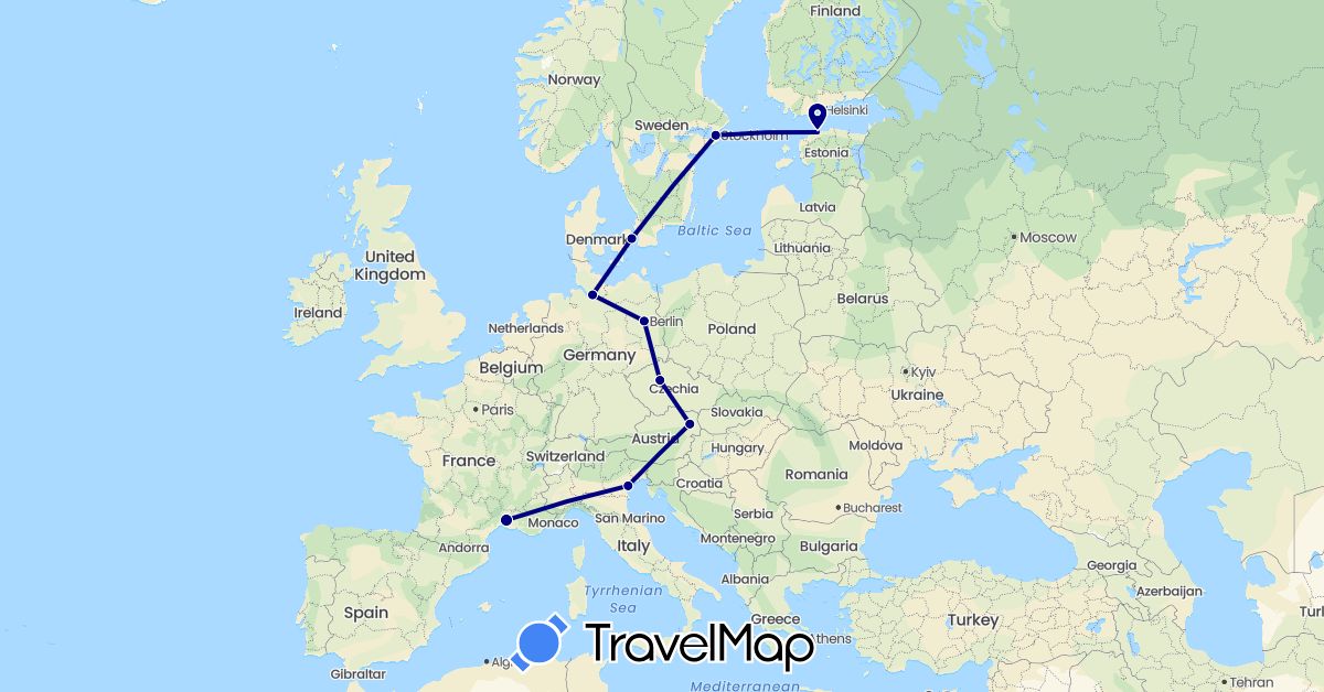 TravelMap itinerary: driving in Austria, Czech Republic, Germany, Denmark, Estonia, France, Italy, Sweden (Europe)