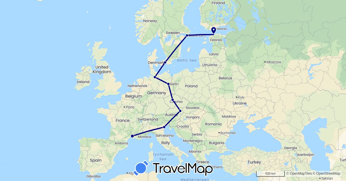 TravelMap itinerary: driving in Austria, Czech Republic, Germany, Denmark, Estonia, France, Italy, Sweden (Europe)
